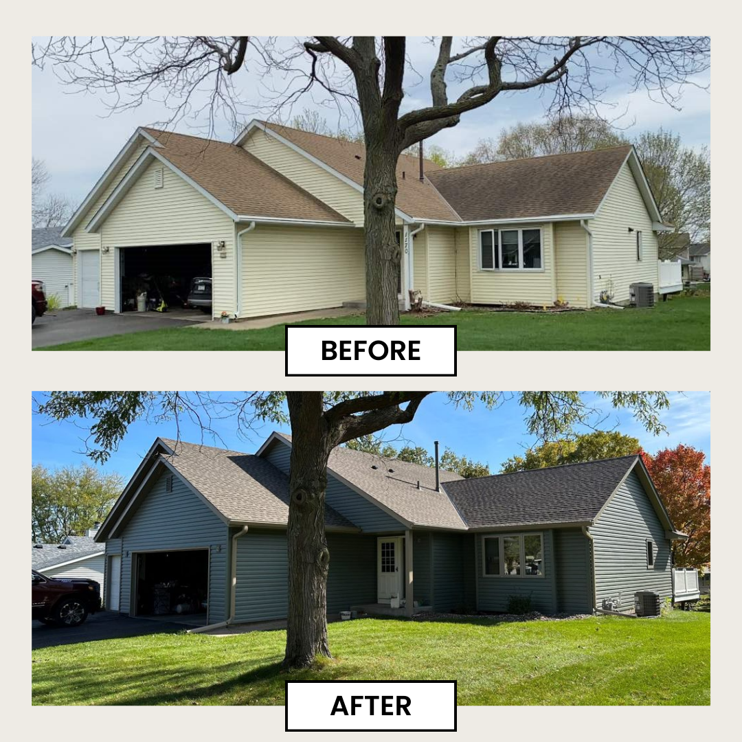 Before and after of a resided house